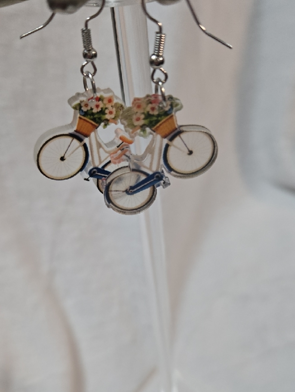 Bicycle Floral Basket Dangle Earrings - Blue & Pink ☆ - Picture 2 of 3